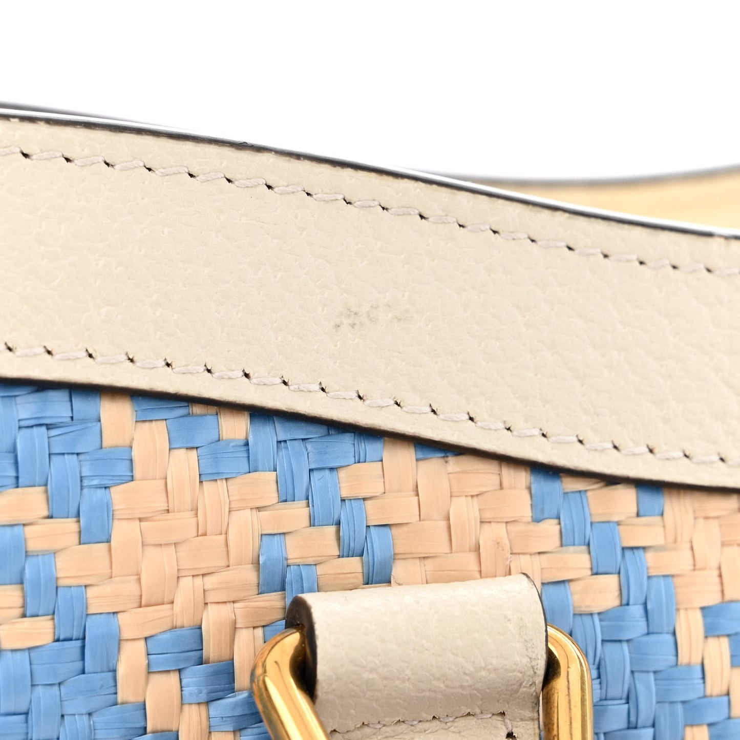 Raffia Textured Dollar Calfskin Web Houndstooth Small Diana Tote Bag Light Blue Natural Deep Orange