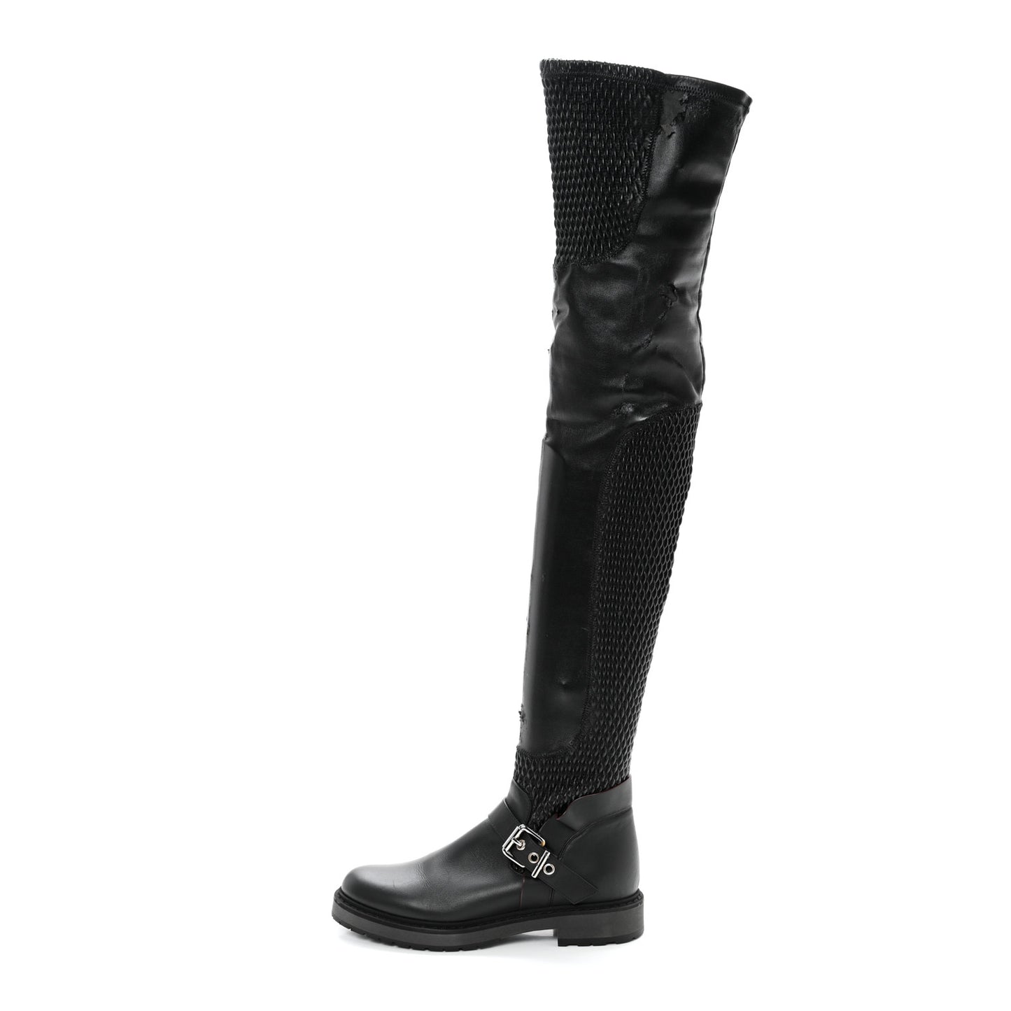 Calfskin Stretch Fabric Wave Over The Knee Boots 36 Black