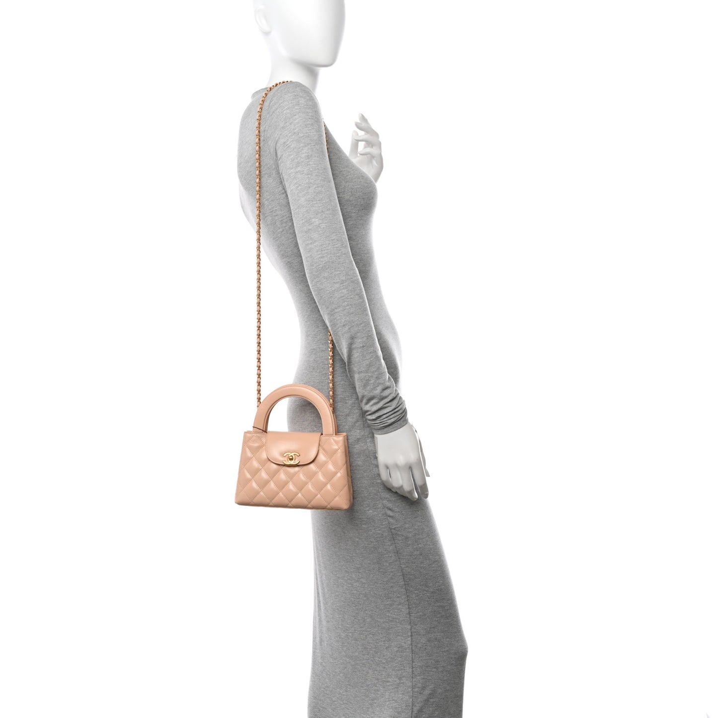 Shiny Aged Calfskin Quilted Nano Kelly Shopper Beige