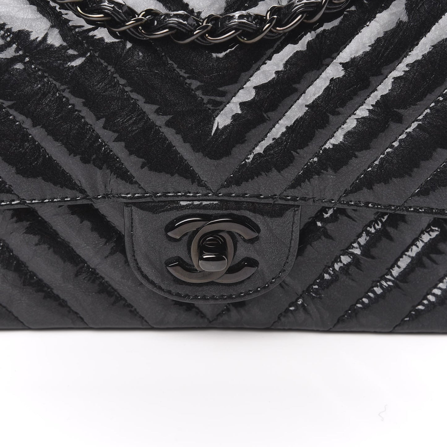 Patent Metallic Crumpled Calfskin Chevron Quilted Mini Rectangular Flap So Black