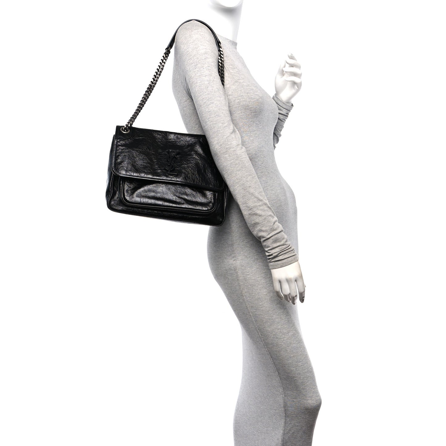 Crinkled Calfskin Monogram Medium Niki Chain Satchel Black
