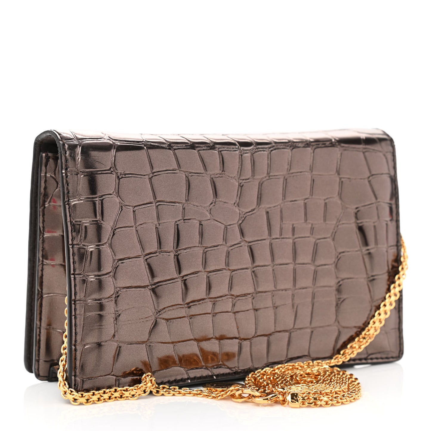 Metallic Embossed Crocodile Effect Crossbody Clutch Bronze