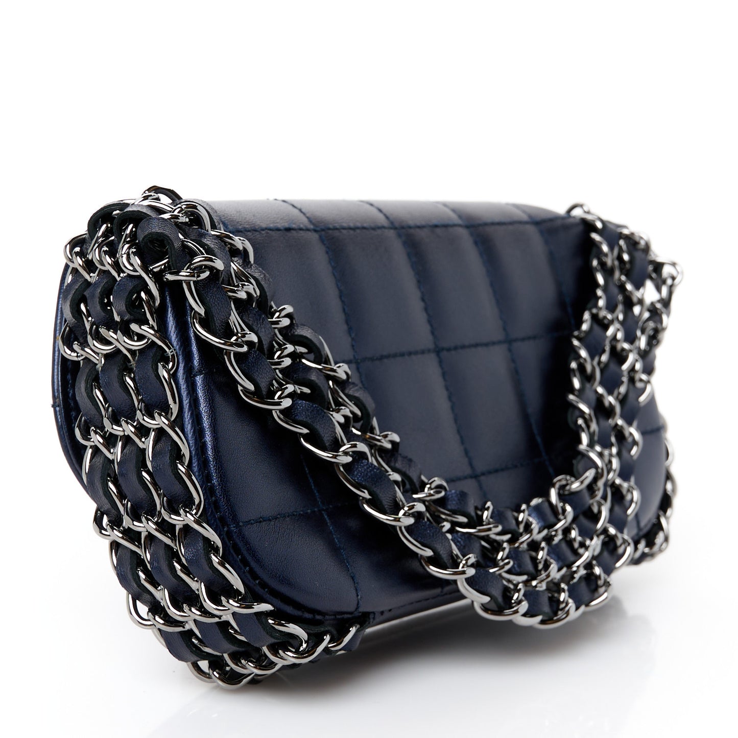 Lambskin Chocolate Bar Quilted 3 Chain Flap Navy Blue