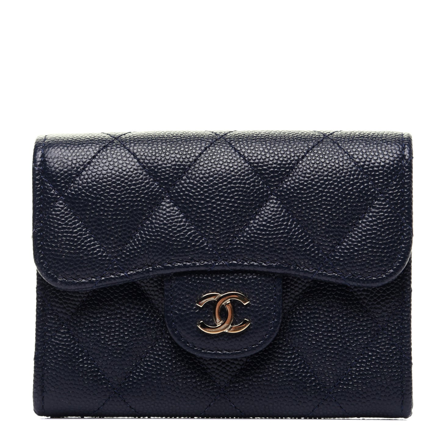 Caviar Quilted Flap Card Holder Wallet Navy Blue