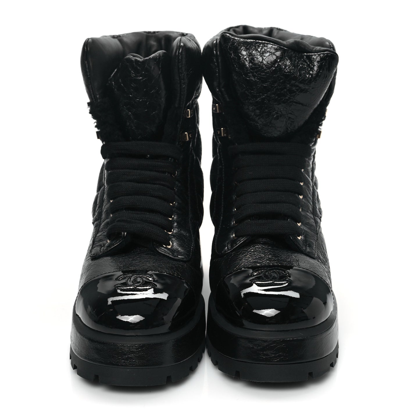 Crumpled Patent Lambskin Calfskin Quilted Lace Up Combat Boots 41.5 Black