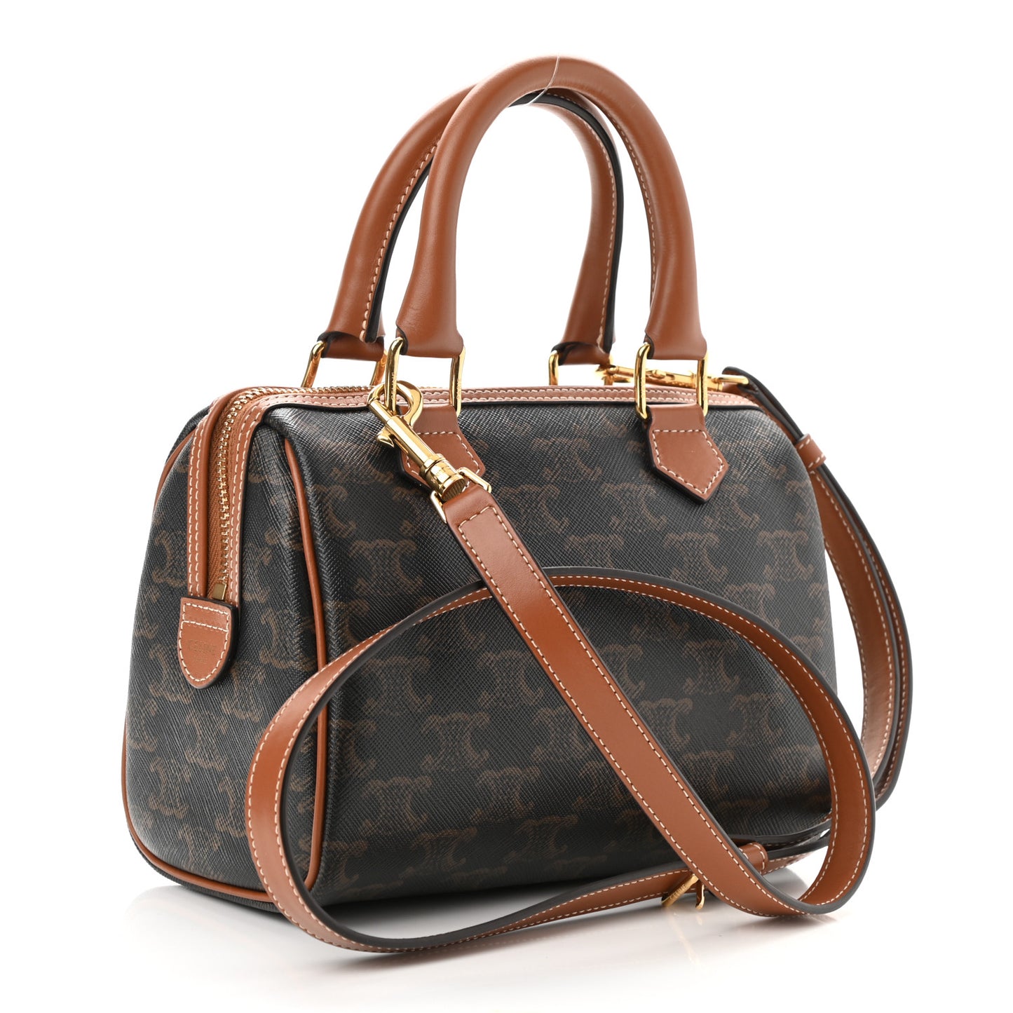 Triomphe Canvas Calfskin Small Boston Bag Tan
