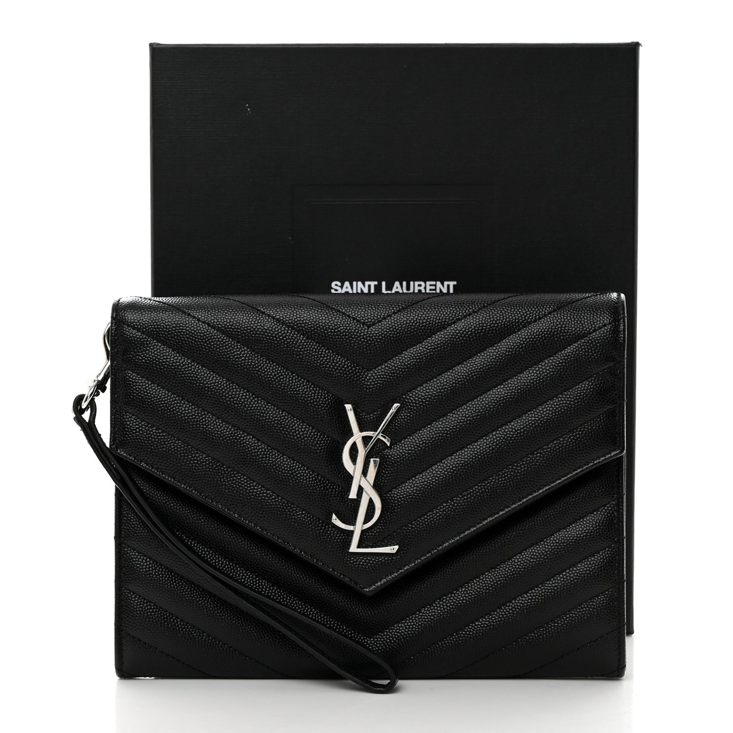 Grain De Poudre Matelasse Chevron Monogram Envelope Clutch Black