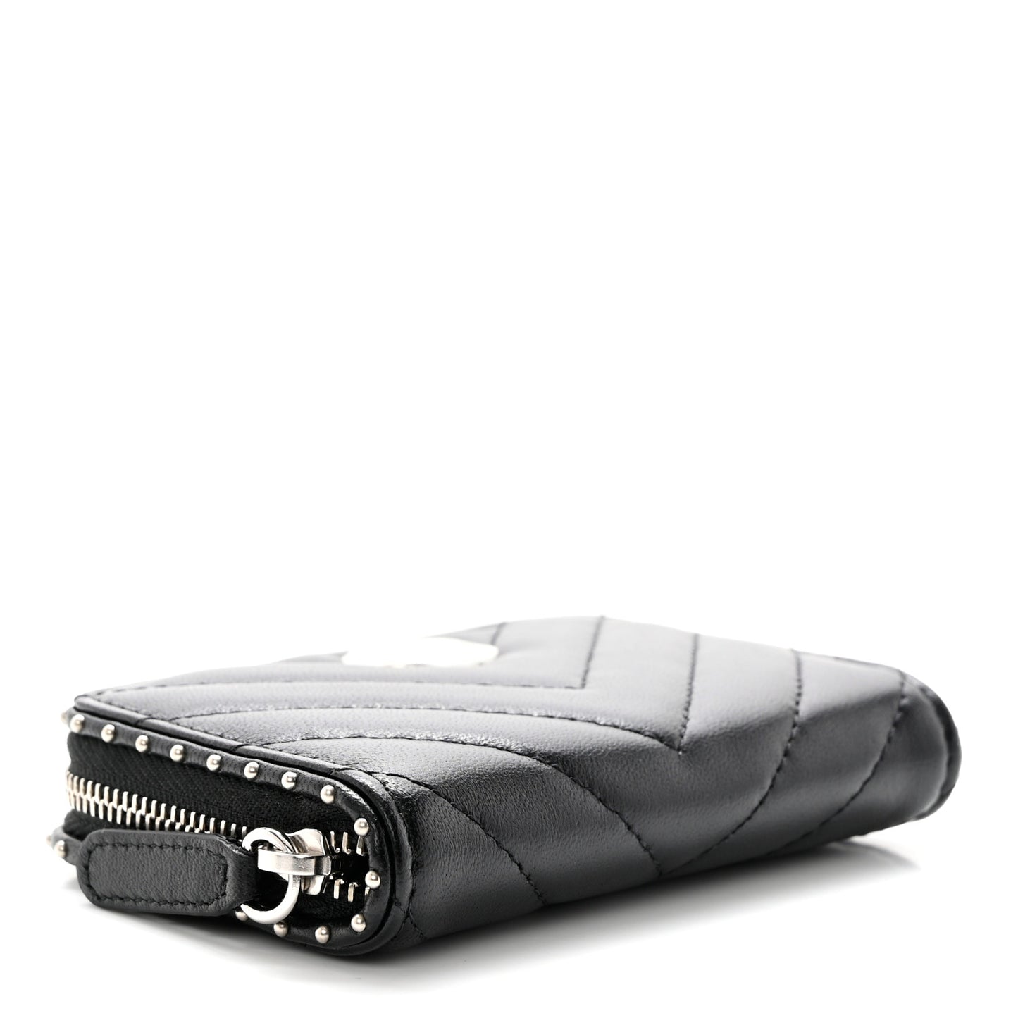 Lambskin Chevron Quilted Studded Zip Around Coin Purse Black