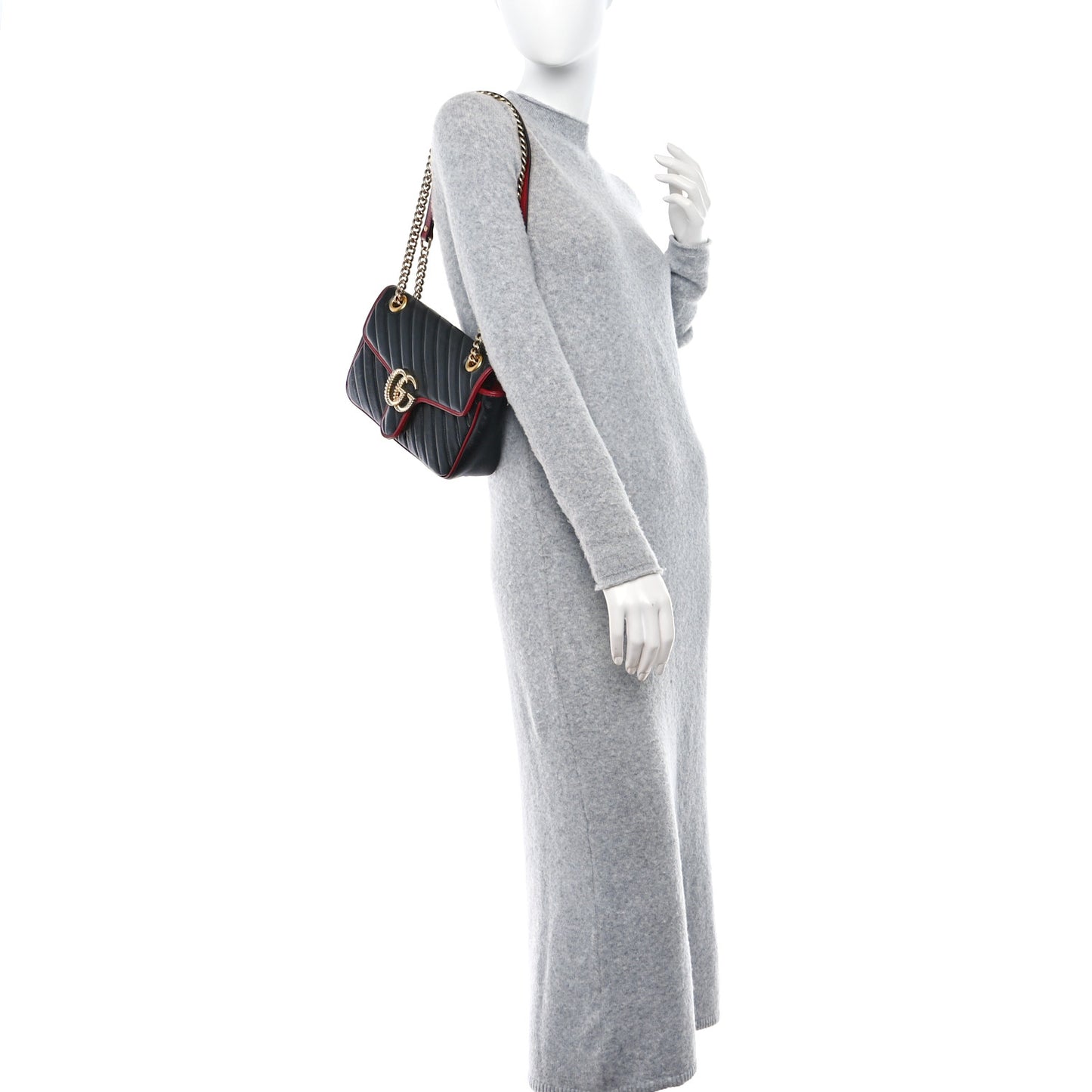 Vintage Effect Calfskin Matelasse Diagonal Small Torchon GG Marmont Shoulder Bag Black Romantic Cherry