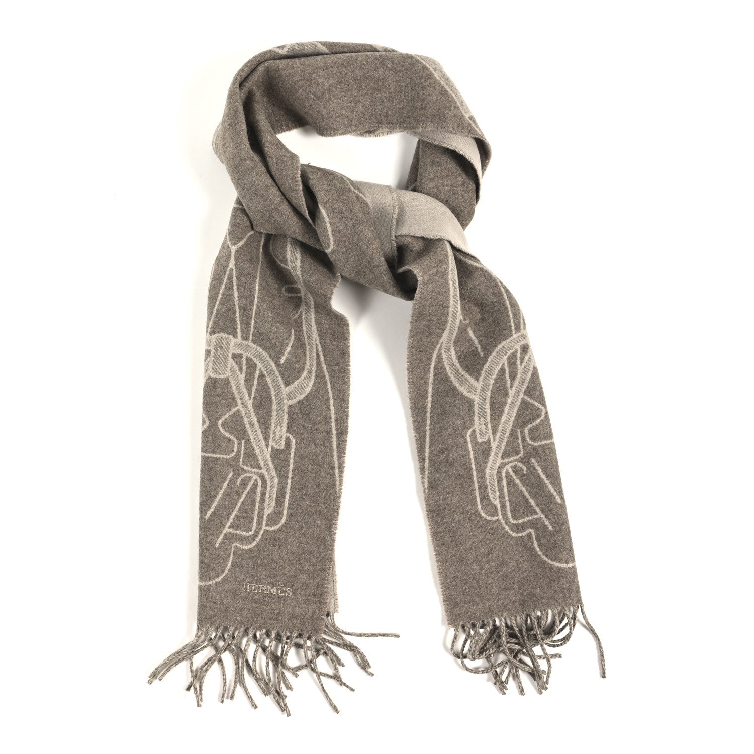 Hermes Cashmere Tete-a-Tete Equestre Scarf Taupe Grege 1802938