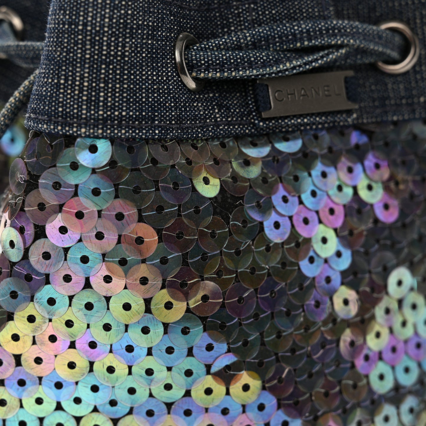 Sequin Denim Small Drawstring Bucket Bag Blue