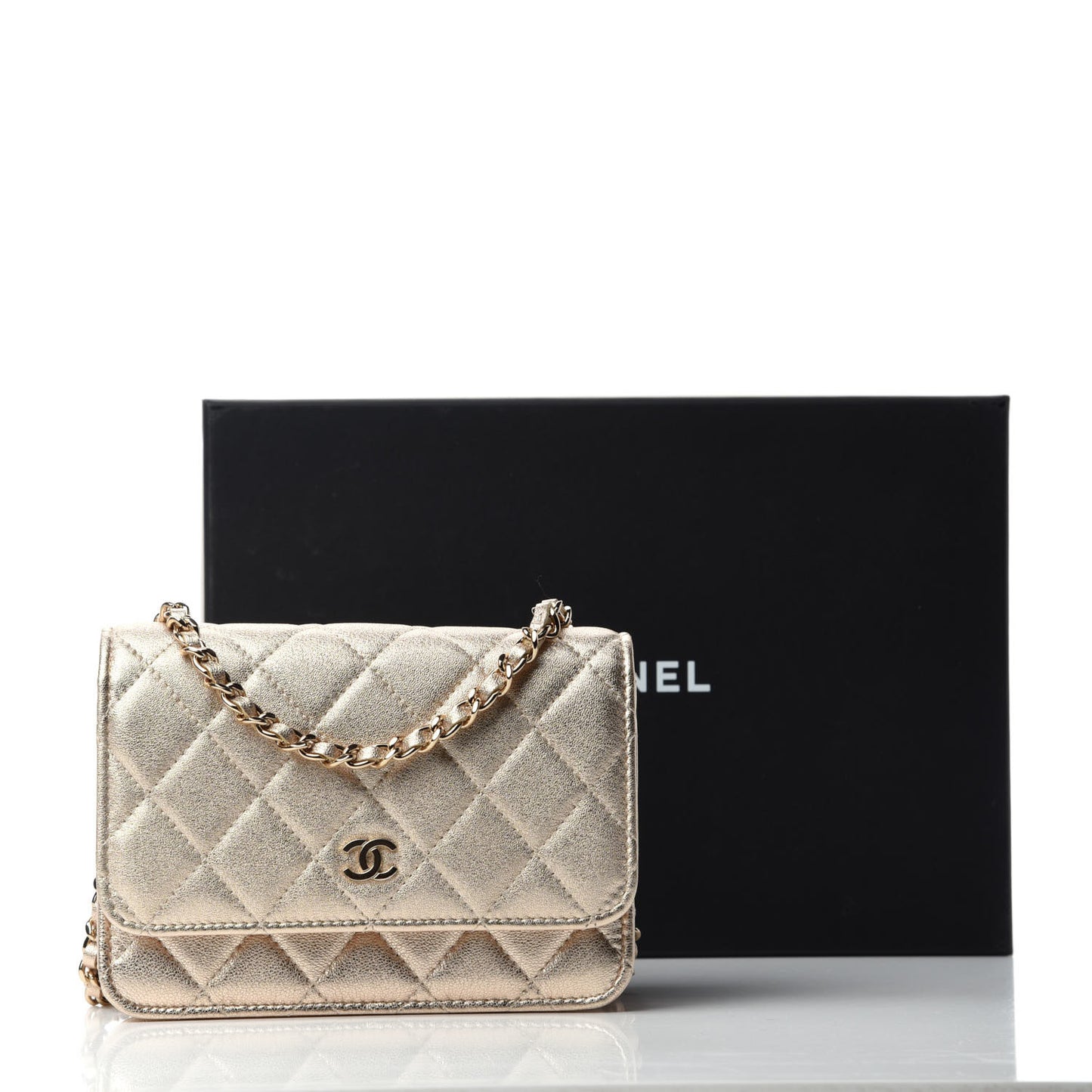Metallic Lambskin Quilted Mini Wallet On Chain WOC Gold