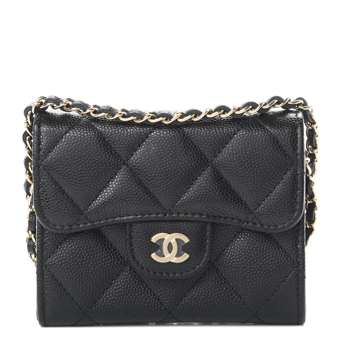 Caviar Quilted Flap Card Holder On Chain Black