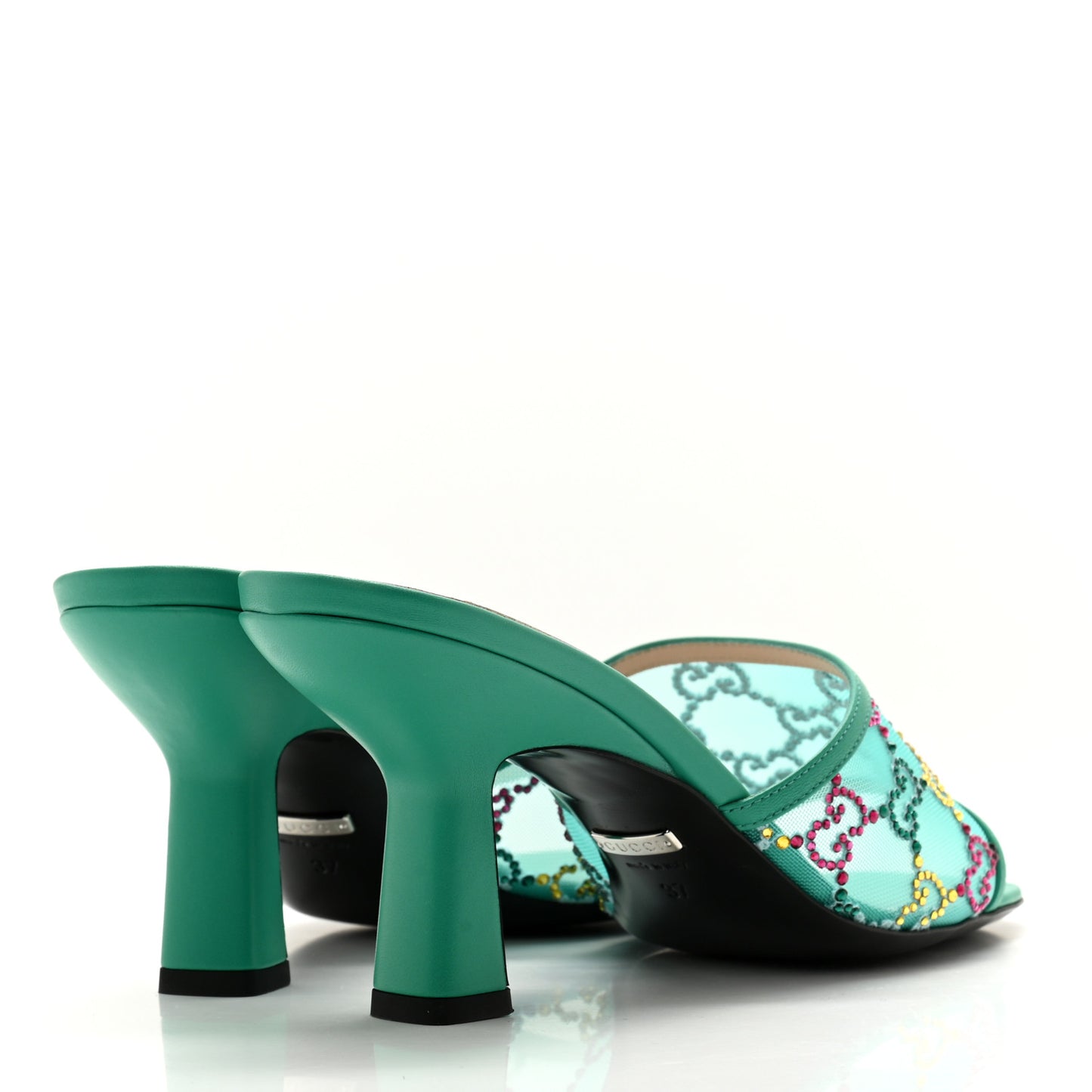 Tela Retino Nappa Crystal GG Monogram Square G 95mm Slide Sandals 37 Turquoise