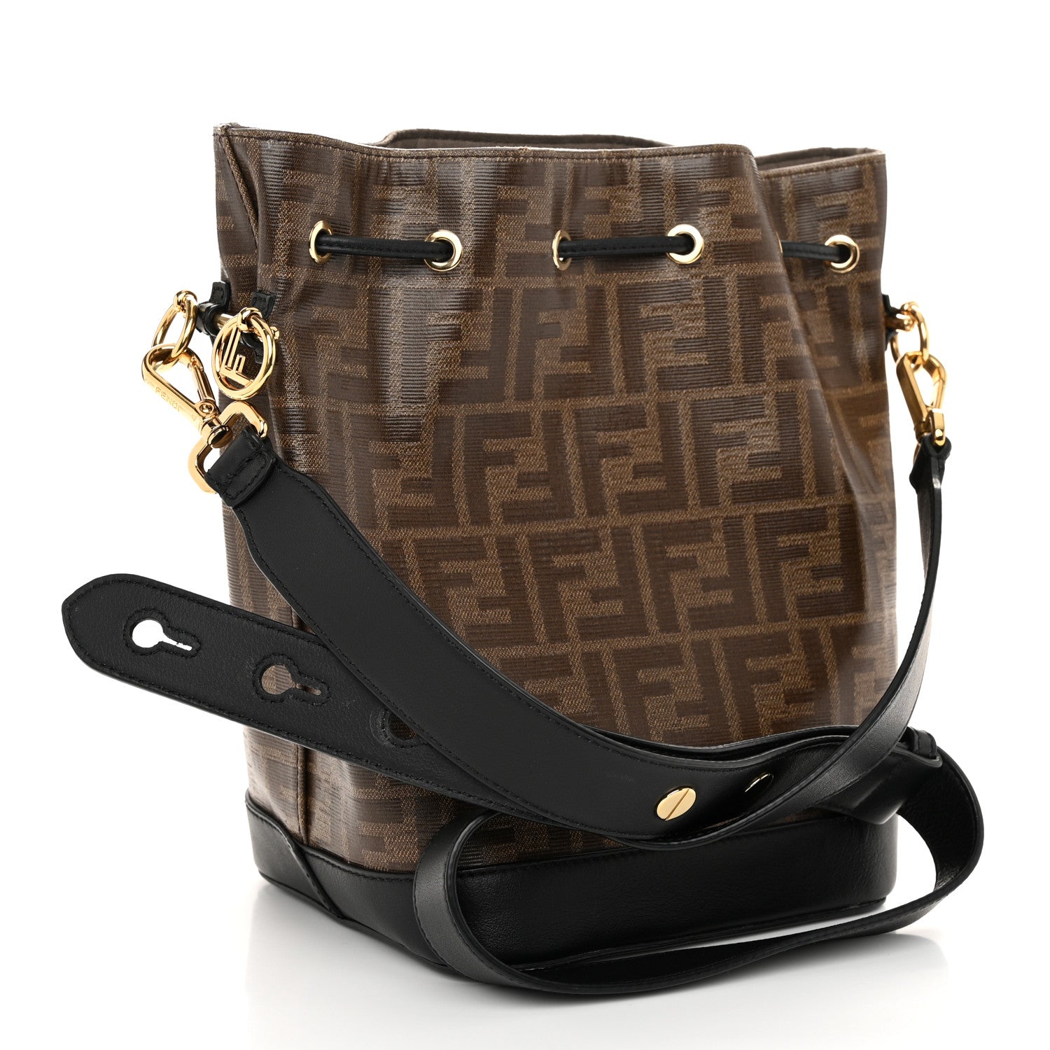 Fendi Glazed Fabric Vitello Grace F is Fendi FF 1974 Stamp Patch Grande Mon Tresor Bucket Bag Mogano Panna Black 3 of 10