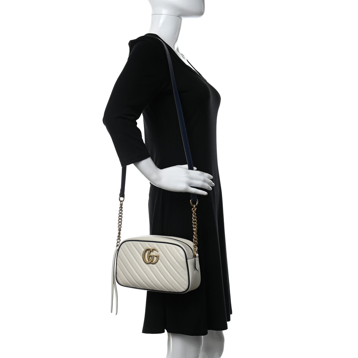 Vintage Effect Calfskin Matelasse Diagonal Small Torchon GG Marmont Chain Shoulder Bag Mystic White Blue Agata