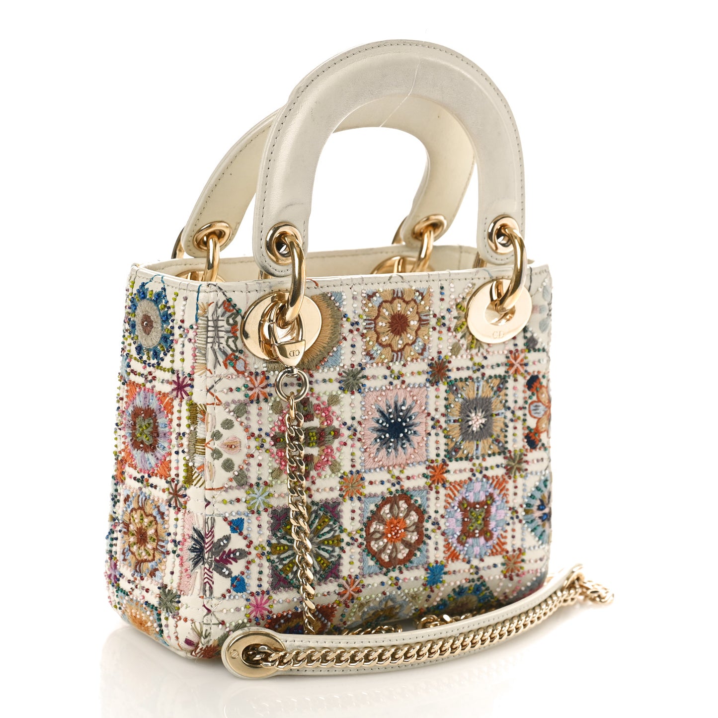 Calfskin Embroidered Beaded Geometric Cannage Mini Lady Dior White Multicolor