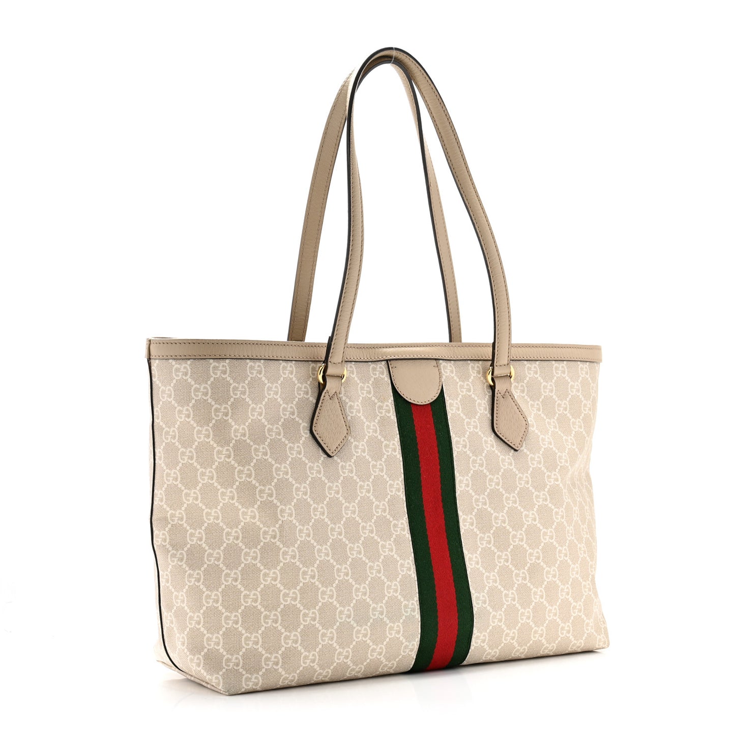 GG Supreme Monogram Textured Dollar Calfskin Web Medium Ophidia Shopping Tote Beige Mystic White Oatmeal