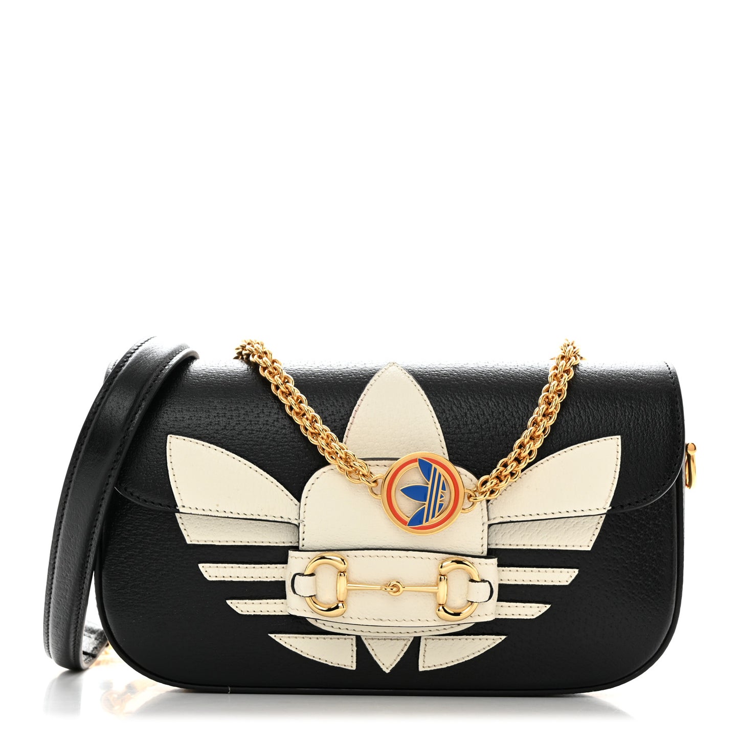 X ADIDAS Textured Dollar Calfskin Web Small Trefoil Horsebit 1955 Shoulder Bag Black Off White