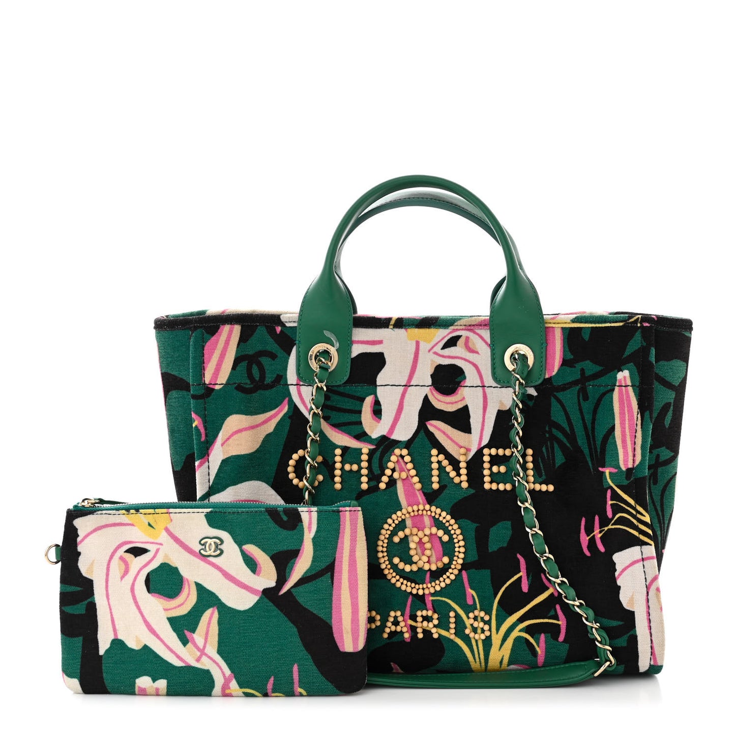 Velvet Calfskin Beaded Small Deauville Tote Pink Green Black