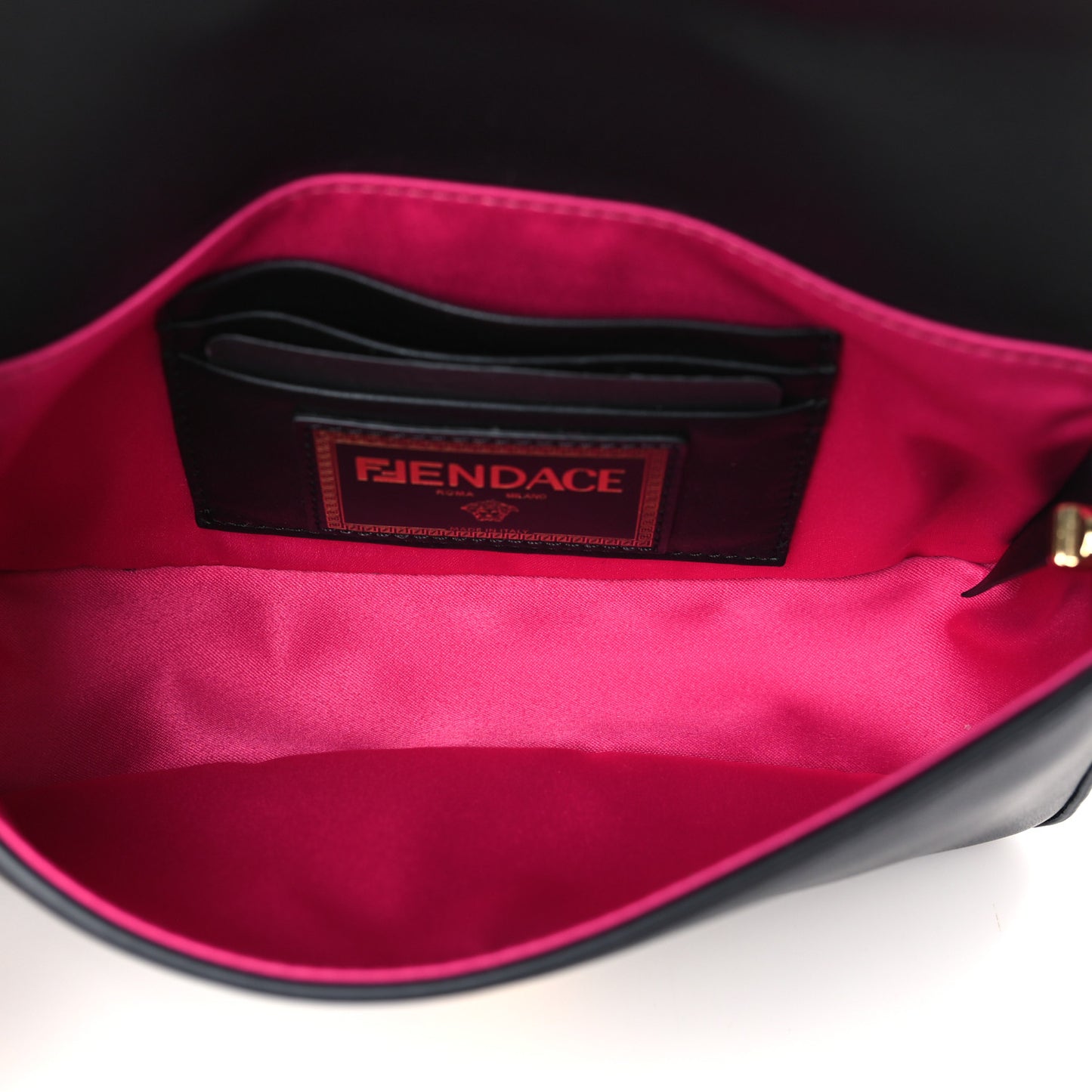 X VERSACE Vitello Seta Fendace Mini Brooch Baguette Black
