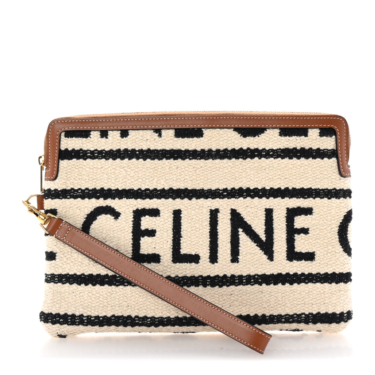 Celine All Over Textile Calfskin Striped Small Pouch White Black