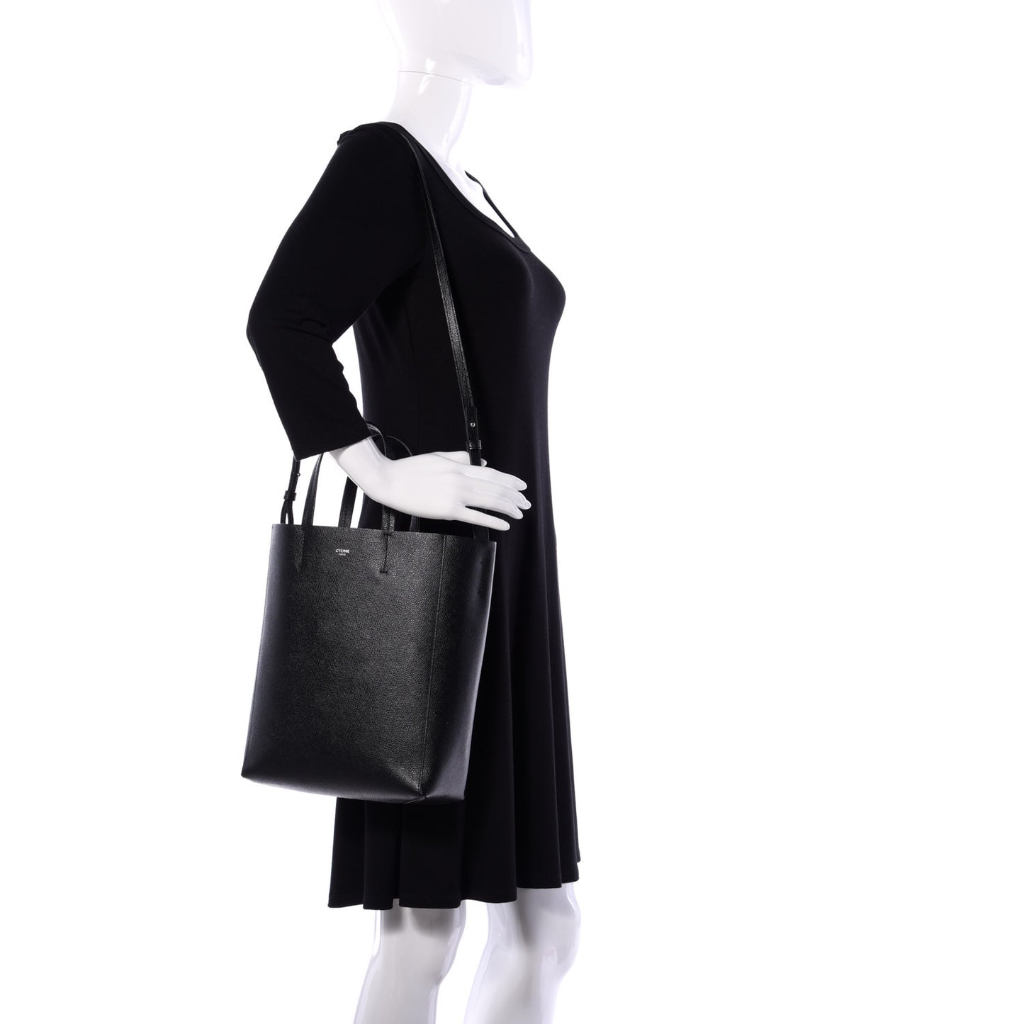 Grained Calfskin Small Vertical Cabas Black