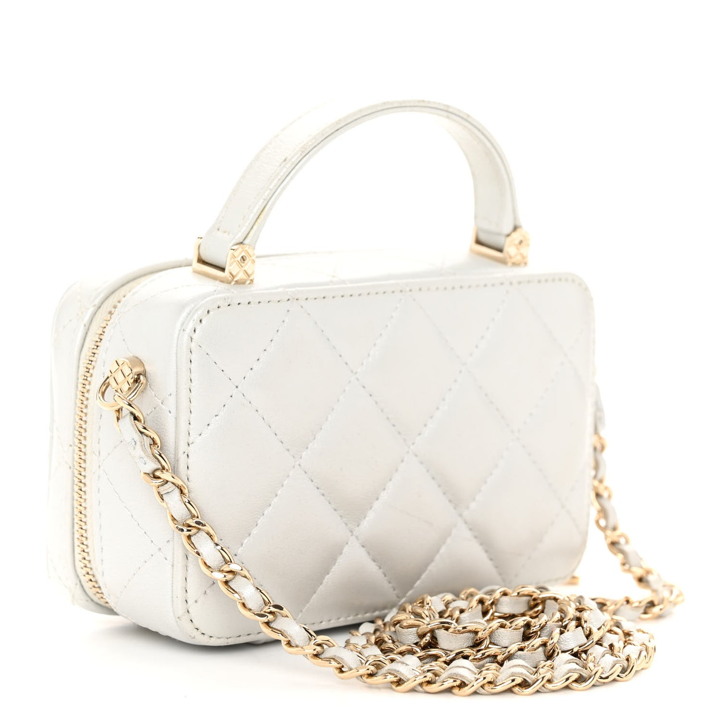 Metallic Lambskin Quilted Top Handle Vanity Case Silver