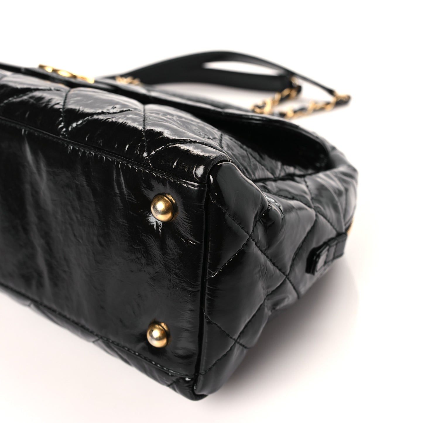 Shiny Crumpled Calfskin Quilted Large Bowling Bag Black