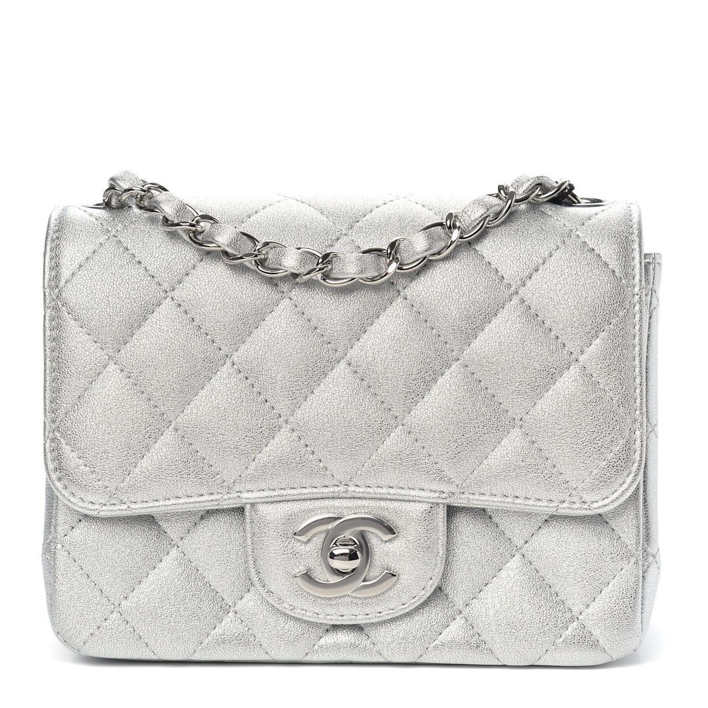 Metallic Lambskin Quilted Mini Square Flap Silver