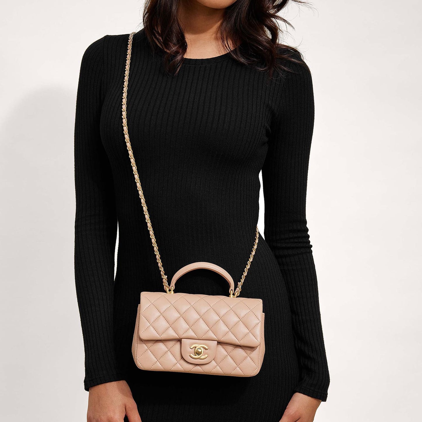 Lambskin Quilted Mini Top Handle Rectangular Flap Beige