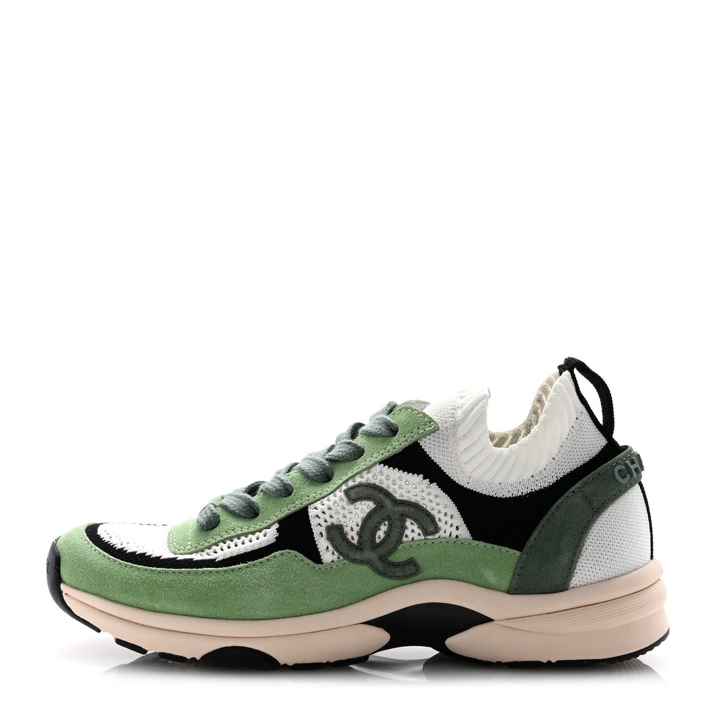 Knit Suede Fabric Womens CC Sneakers 37 Green Dark Green White Black