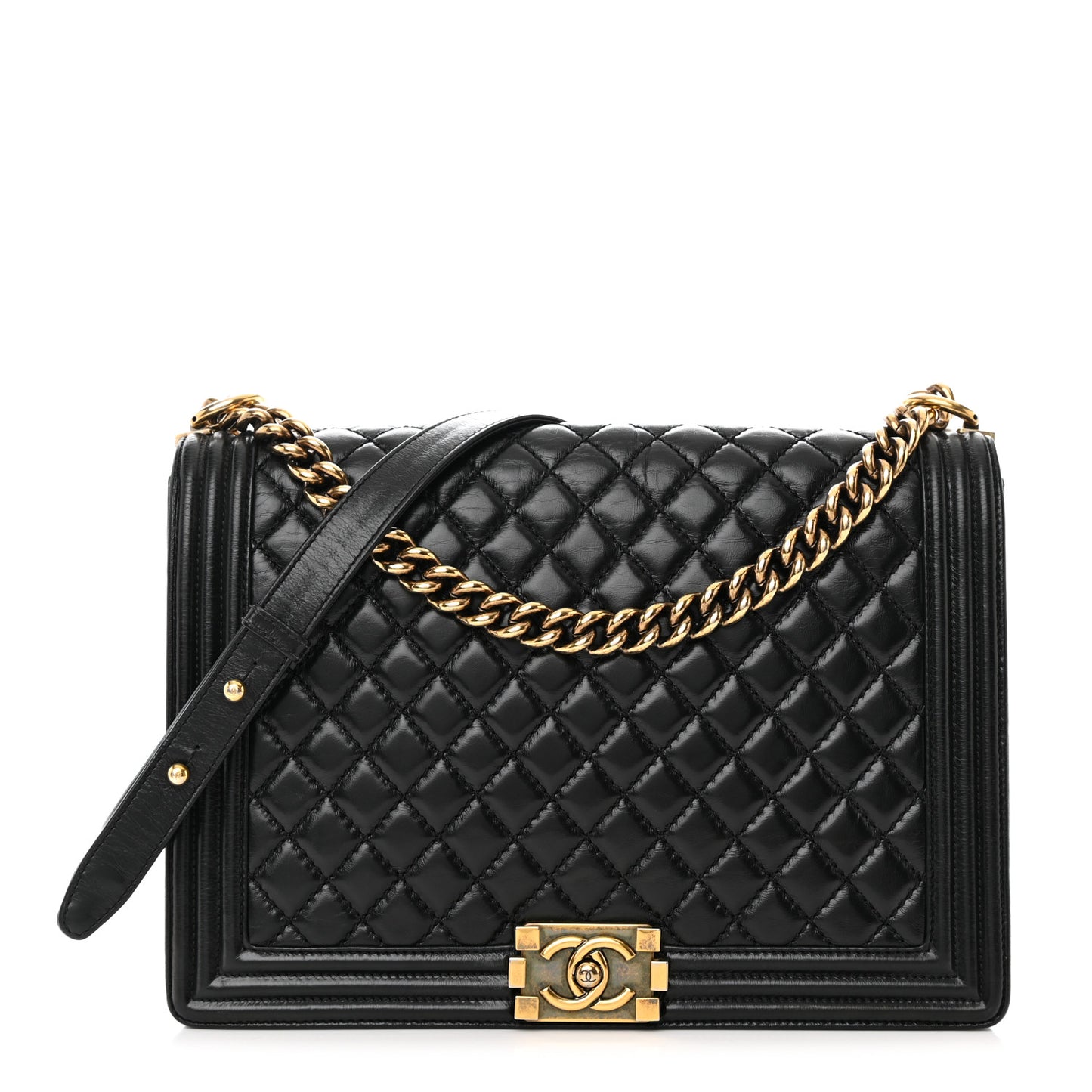 Glazed Calfskin Quilted Large Boy Flap Black