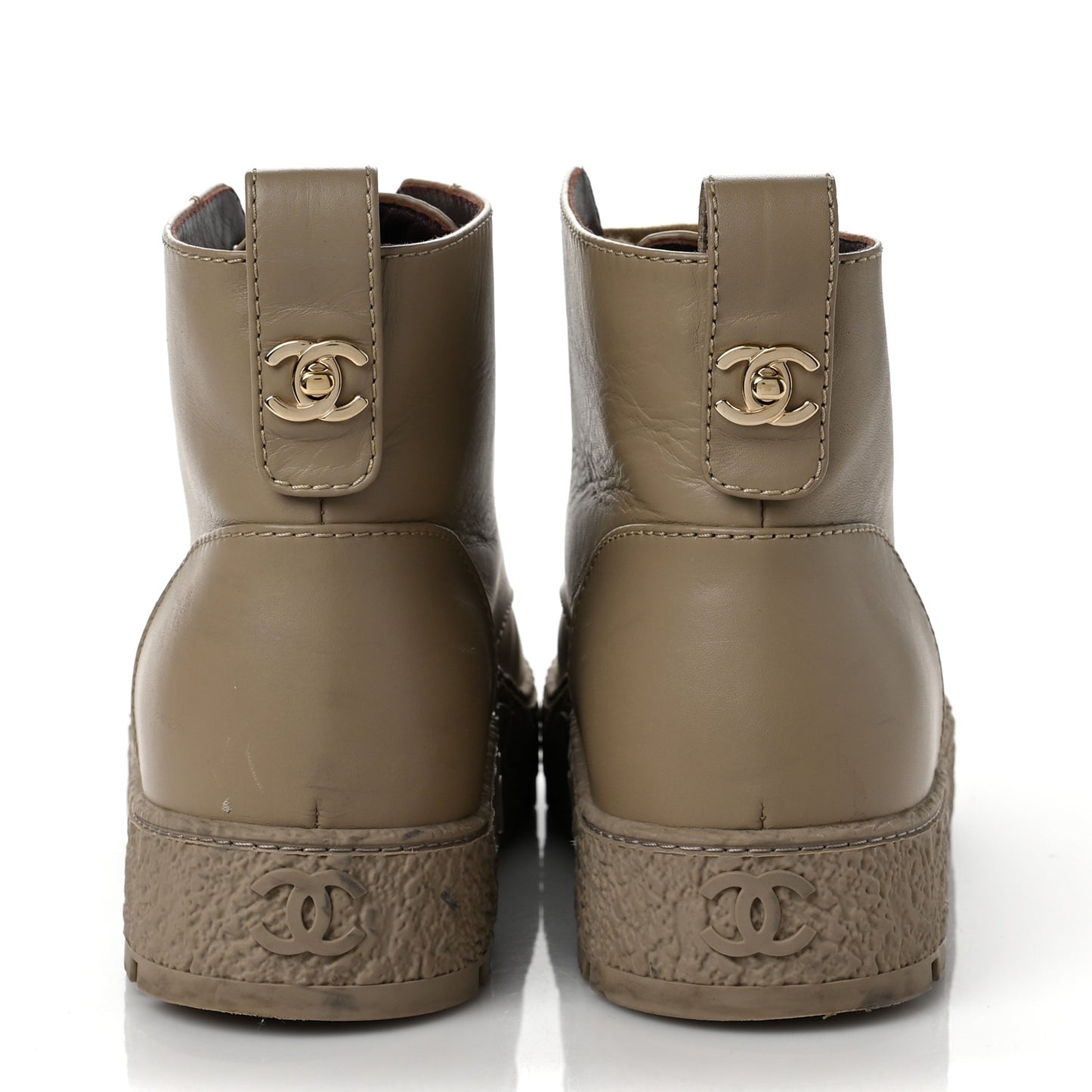 Calfskin CC Turnlock Lace Up Boots 39.5 Beige