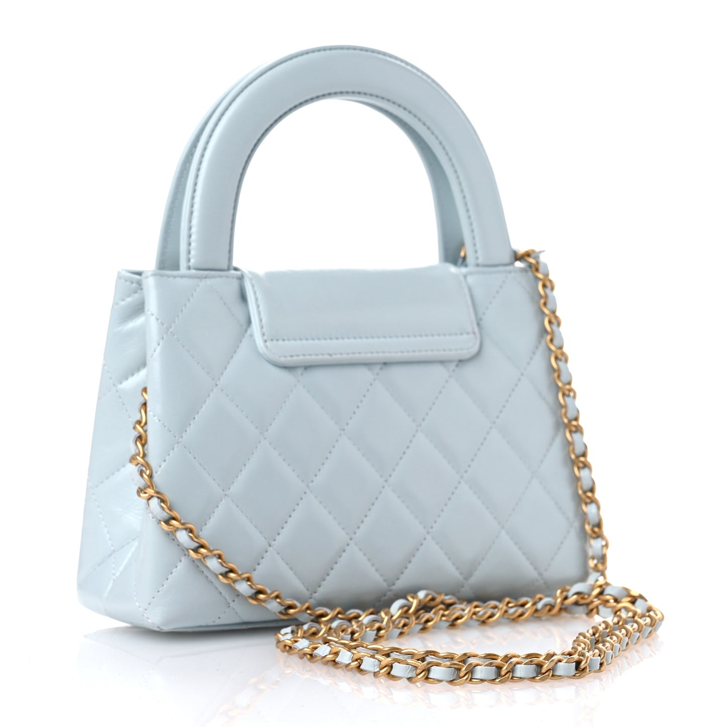 Shiny Aged Calfskin Quilted Nano Kelly Shopper Light Blue