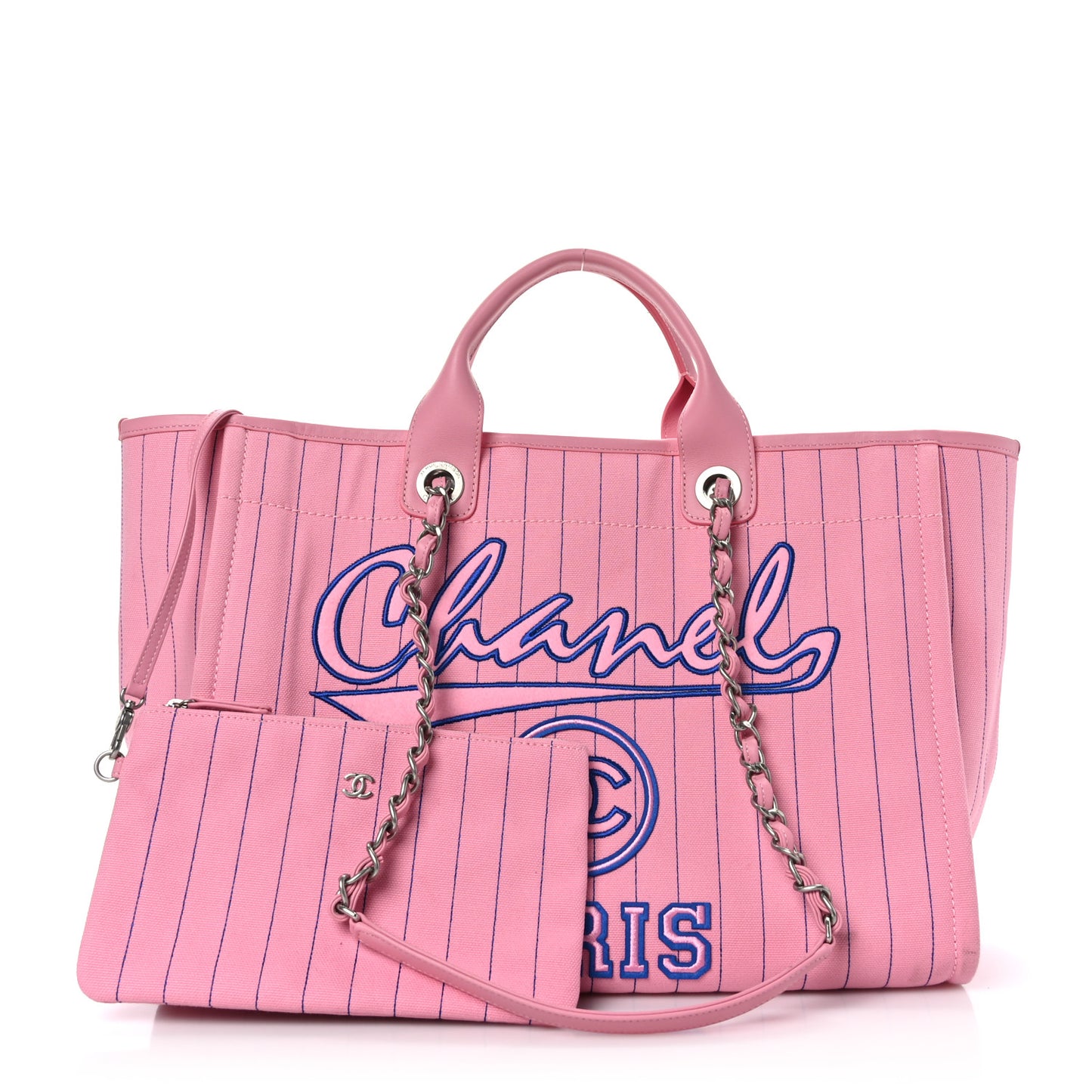 Canvas Calfskin Striped Medium Deauville Tote Pink