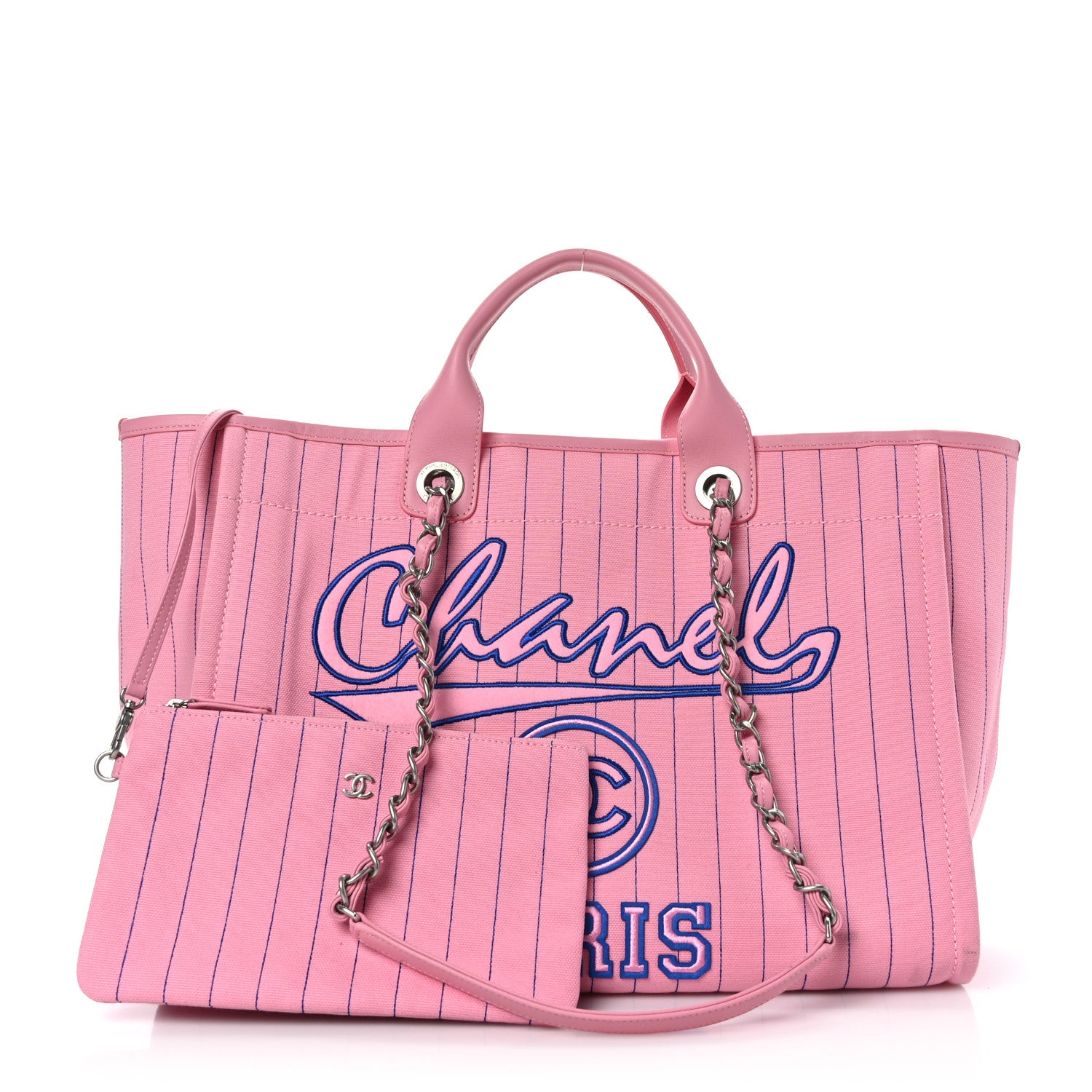 Chanel Canvas Calfskin Striped Medium Deauville Tote Pink 3 of 10
