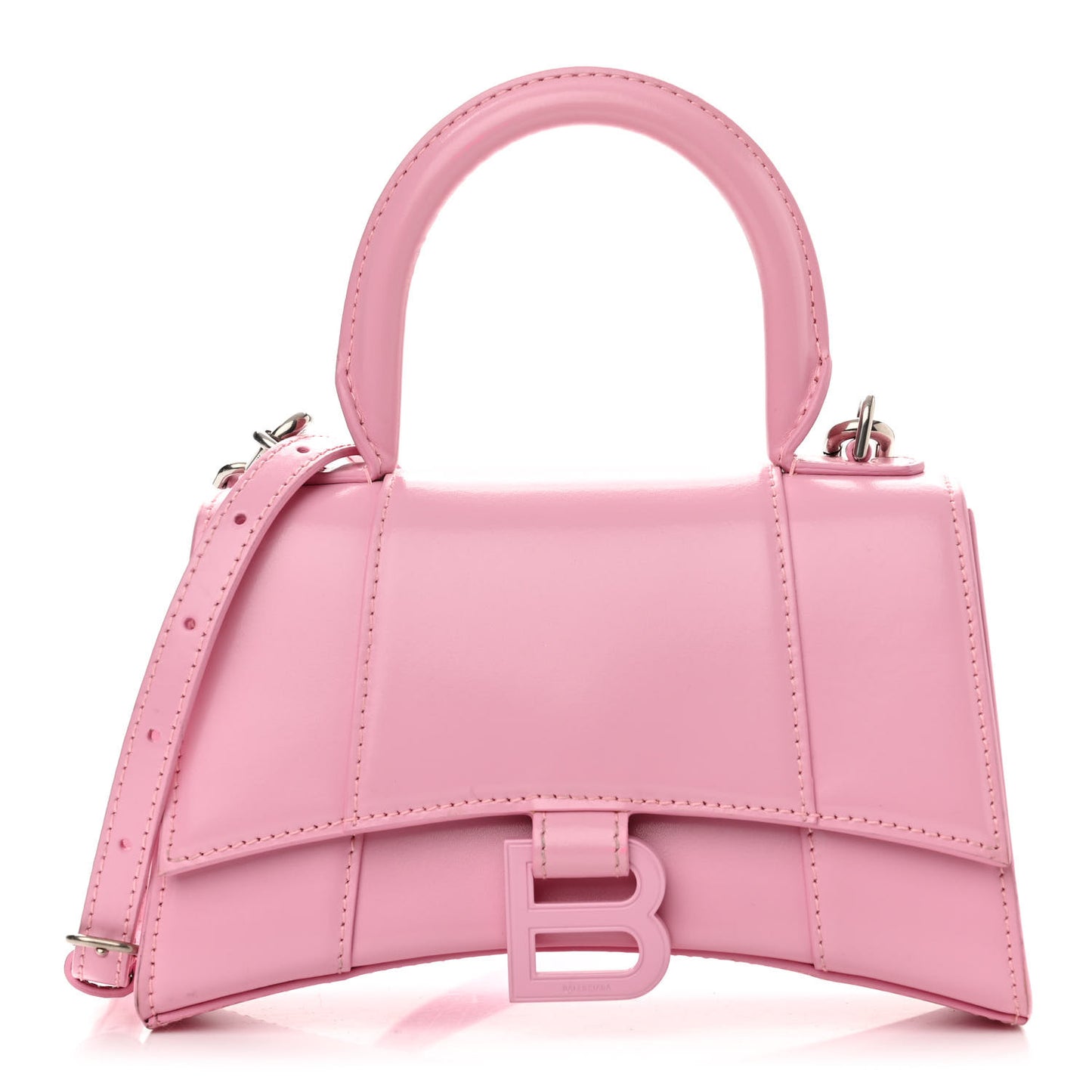 Shiny Box Calfskin Tonal B Hourglass Top Handle Bag XS Candy Pink