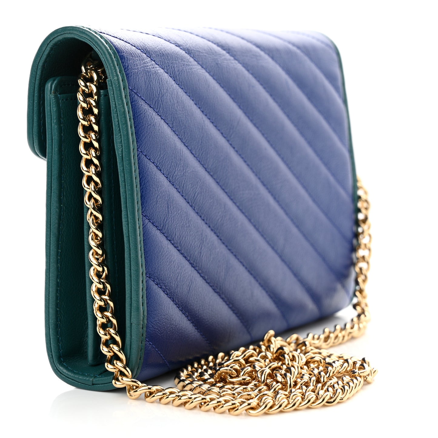 Azalea Calfskin Enamel Matelasse Diagonal Torchon GG Marmont Chain Wallet Imperial Blue Pavone
