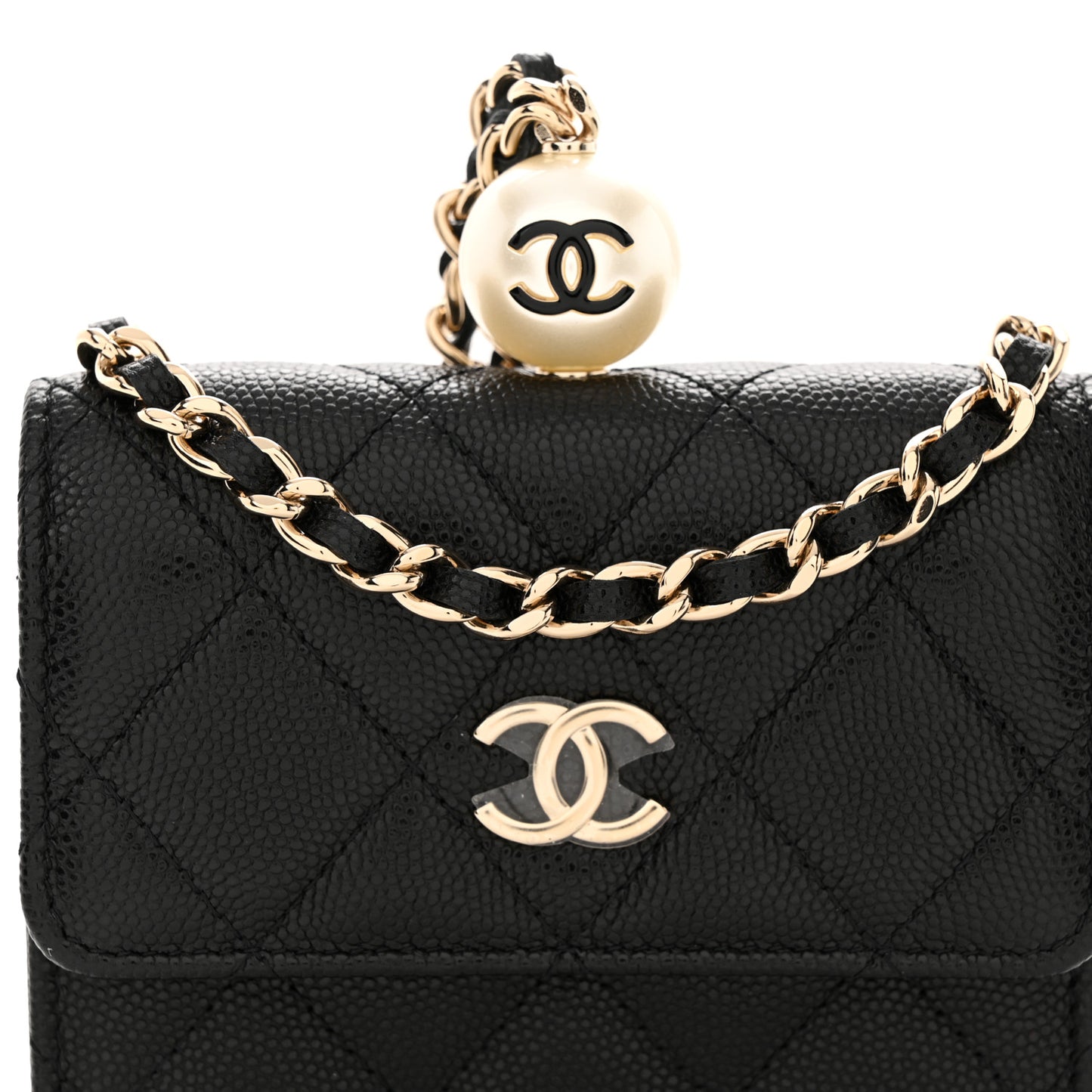 Caviar Quilted Mini Pearl On Top Coin Purse With Chain Black