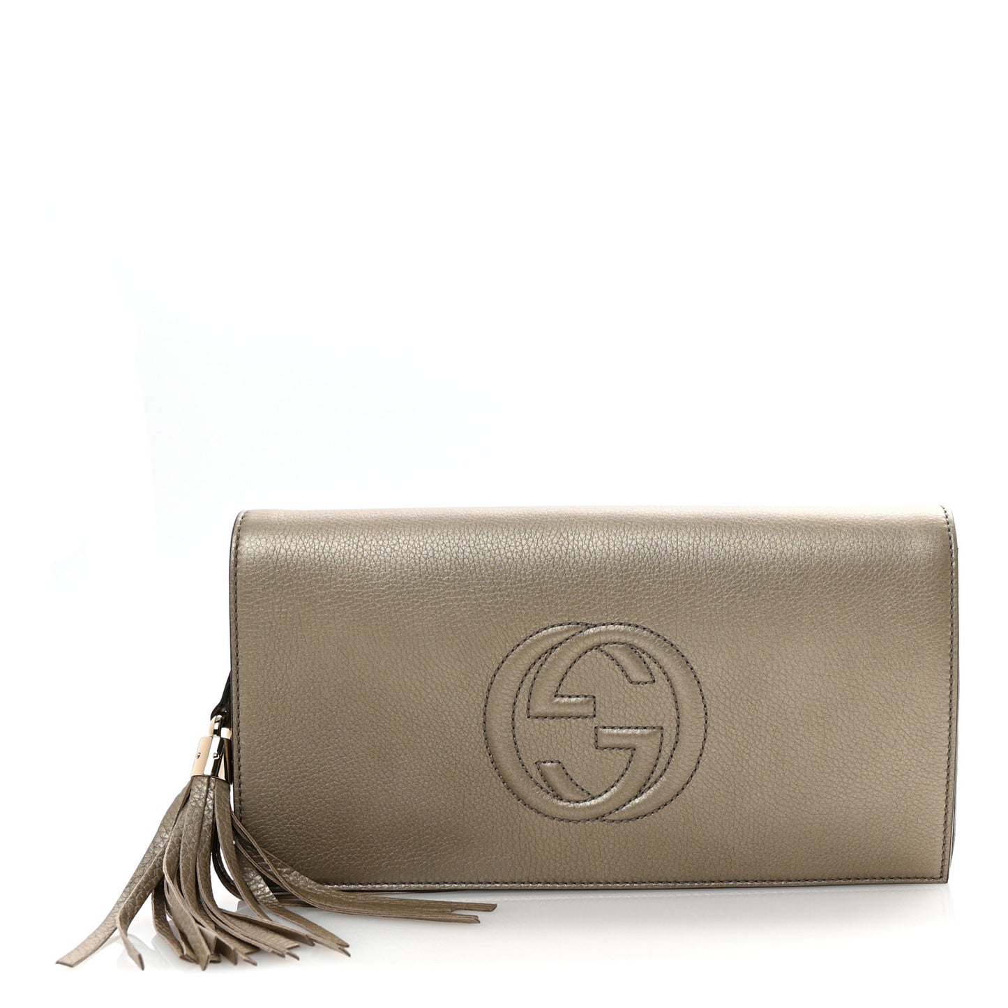 Metallic Pebbled Calfskin Medium Soho Clutch Golden Beige