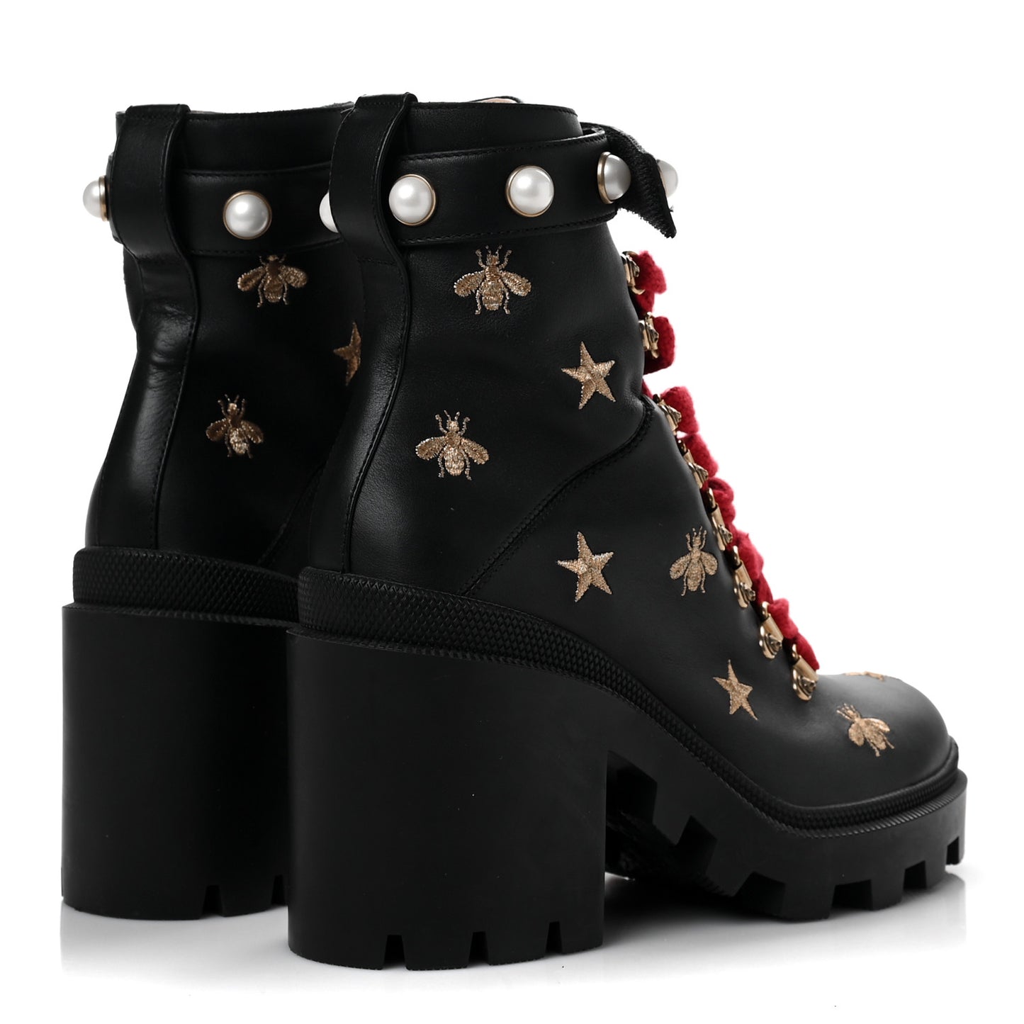 Calfskin Embroidered Lace Up Combat Ankle Boots 38.5 Black