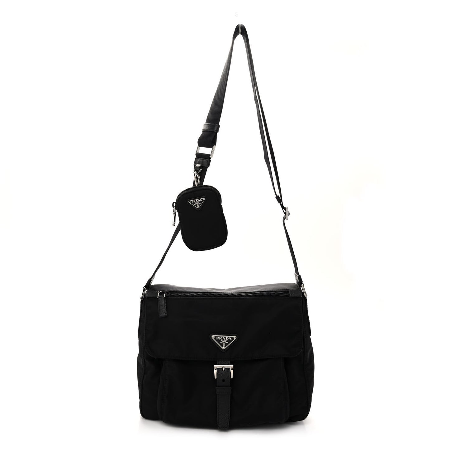 Re-Nylon Vela Saffiano Pocket Single Buckle Messenger Shoulder Bag Black