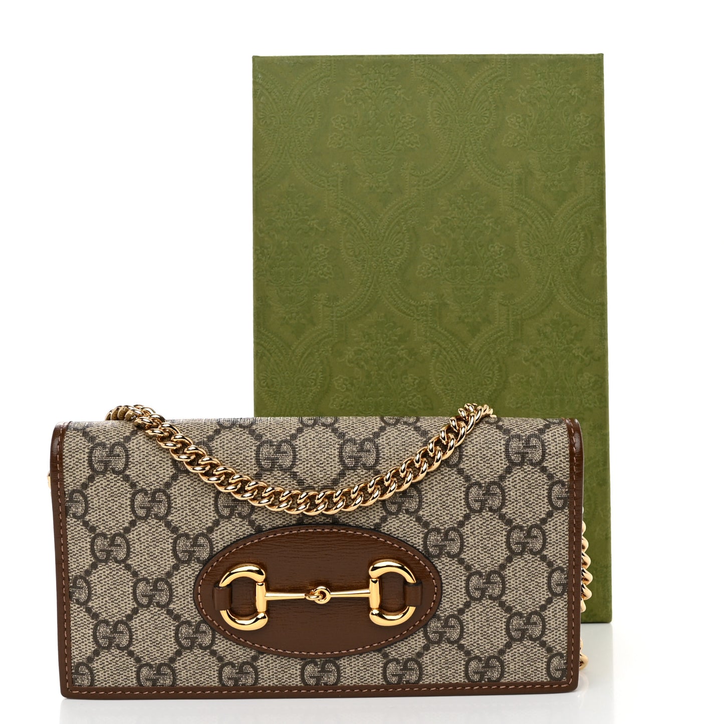 GG Supreme Monogram Azalea Calfskin Horsebit 1955 Wallet On Chain Beige Ebony Brown Sugar