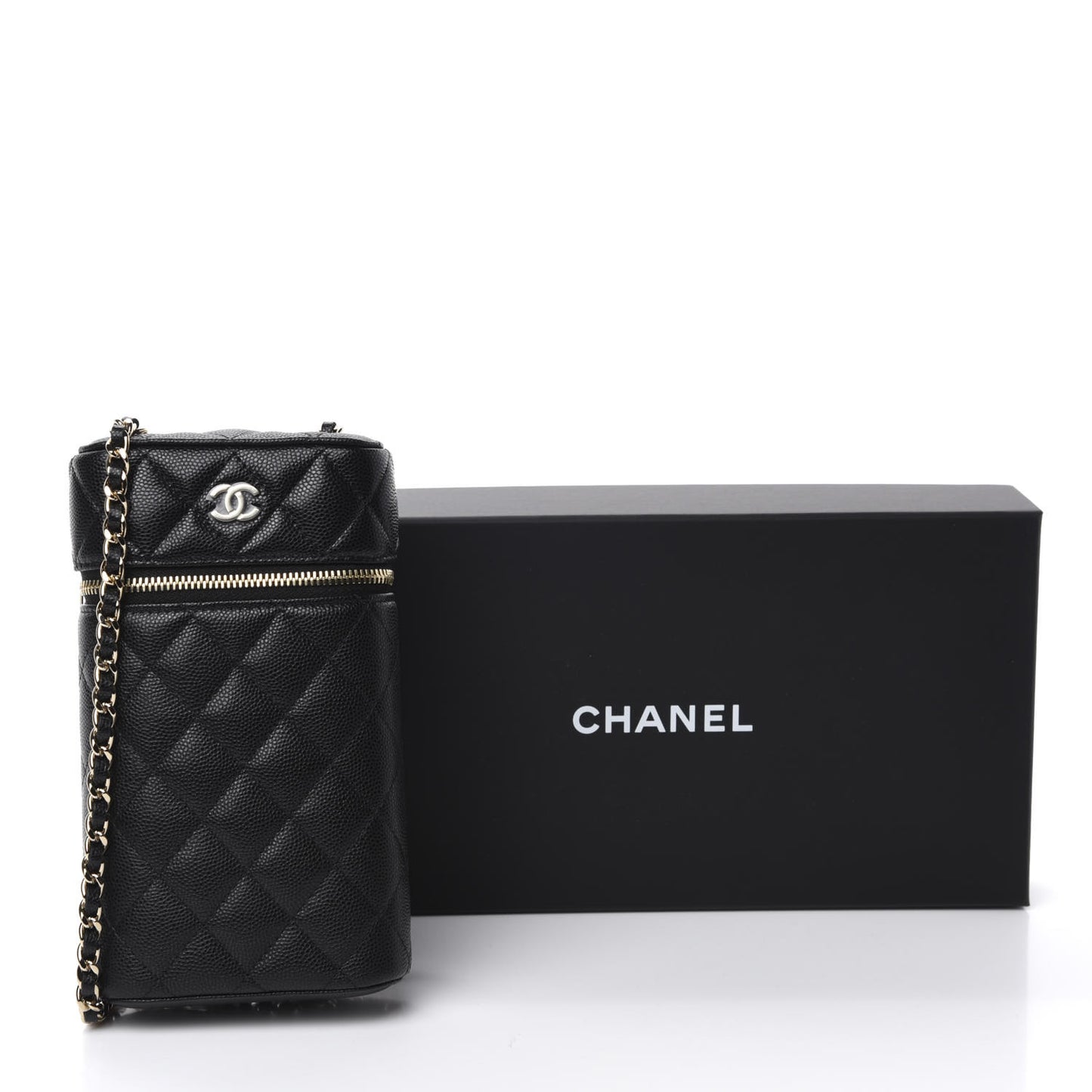 Caviar Quilted Phone Holder With Chain Black