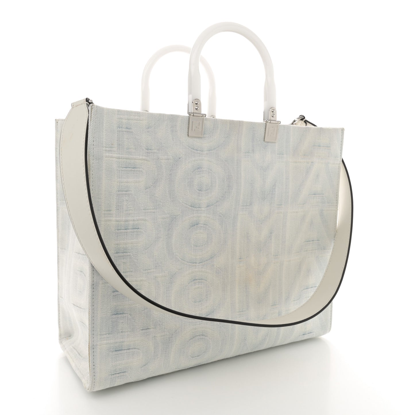 X MARC JACOBS Bleached Denim Vitello King Plexiglass Logo Medium Sunshine Shopper Tote Off White