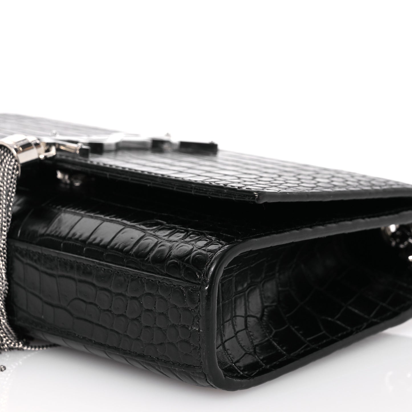 Calfskin Crocodile Embossed Small Classic Monogram Kate Tassel Satchel Black