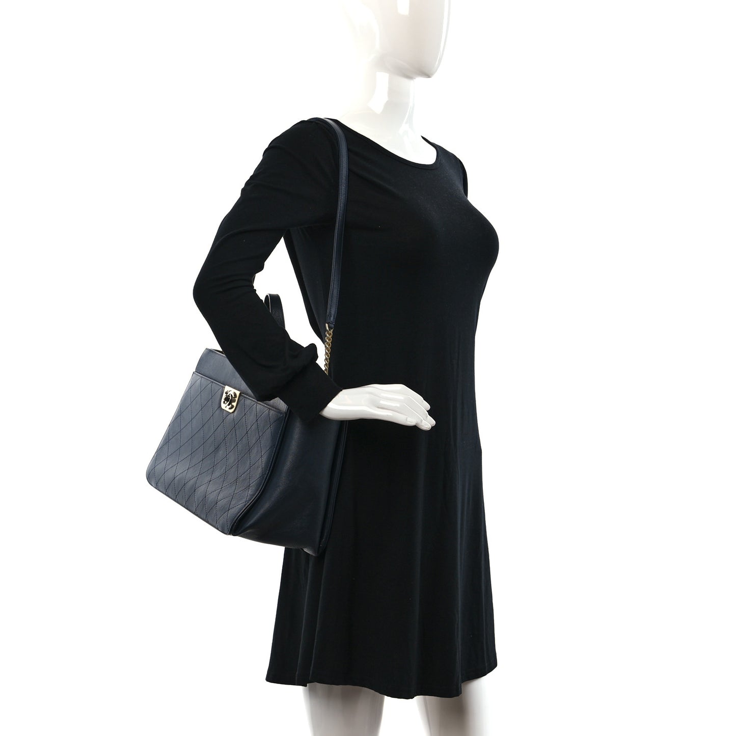Calfskin Stitched Large Straight Lines Shopping Tote Navy