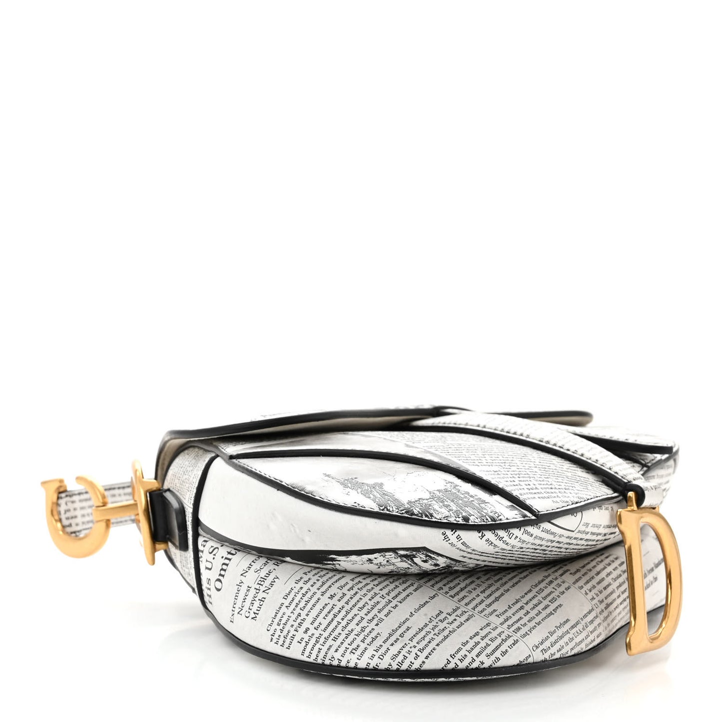 Calfskin Newspaper Printed Saddle Bag With Strap Black White
