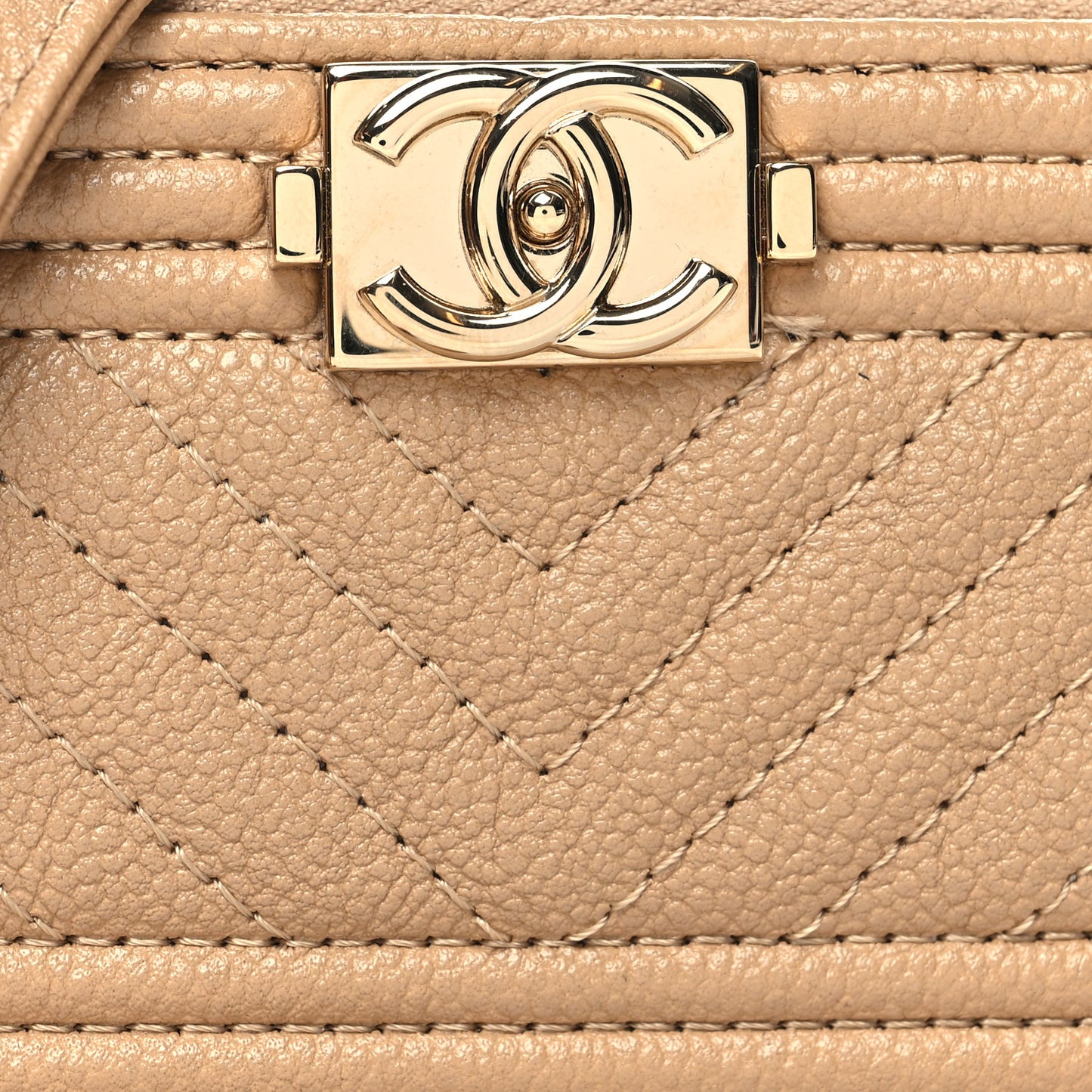 Caviar Chevron Quilted Mini Boy Clutch With Chain Beige